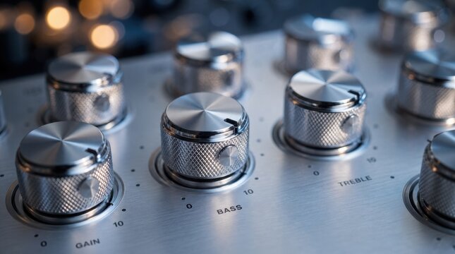 Close-up of textured metal control knobs with selective focus and bokeh lights on electronic equipment