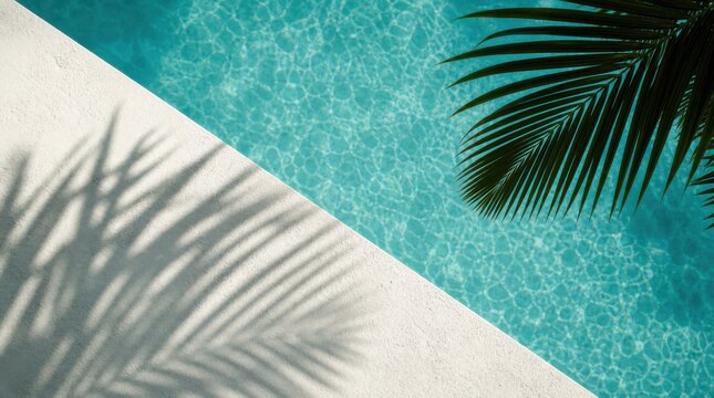 Palm frond casting shadow on sunlit pool edge with rippling blue water and bright daylight