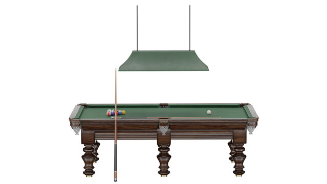 3d rendering pool table with hanging lamp and cues