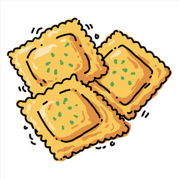 Hand drawn ravioli pasta squares with herbs doodle