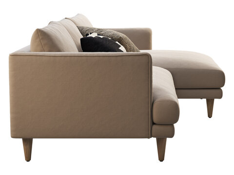 Beige L-shaped sectional sofa with a right-side chaise, textured upholstery, wooden legs and decorative cushions. Isolated 3D render for interior visualisation.