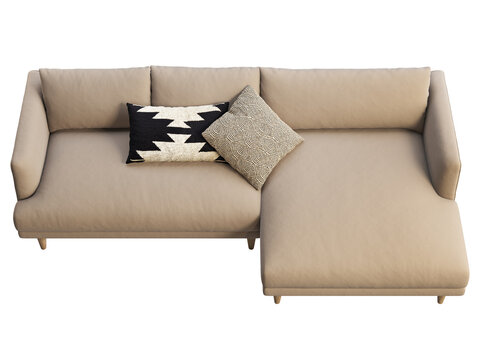 Beige L-shaped sectional sofa with a right-side chaise, textured upholstery, wooden legs and decorative cushions. Isolated 3D render for interior visualisation.