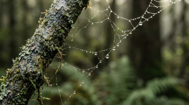 Dewdrops sparkling on intricate spider web stretched across mossy tree branch.