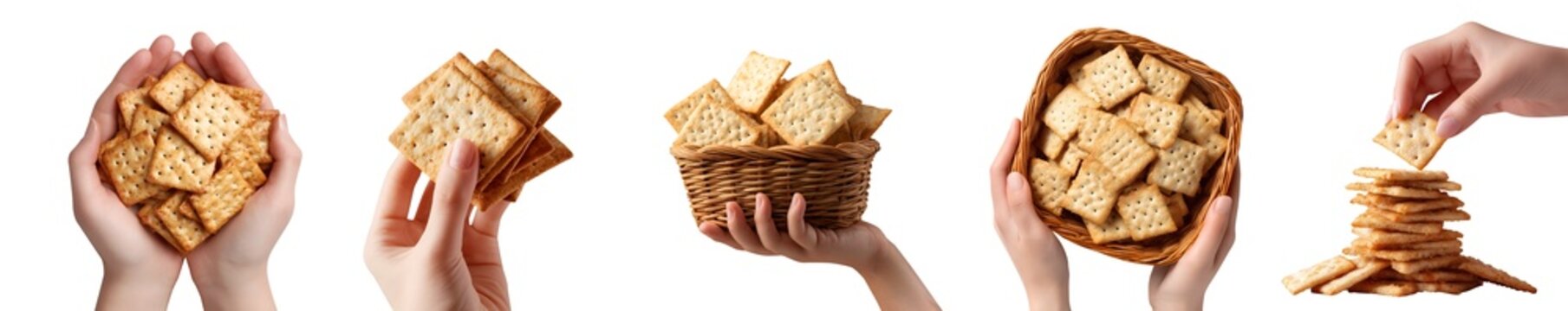 Set of hand holding pile stack group of square crackers biscuit, crispy flat baked thin snack staple food, rattan basket, transparent cutout PNG. Many style Mockup