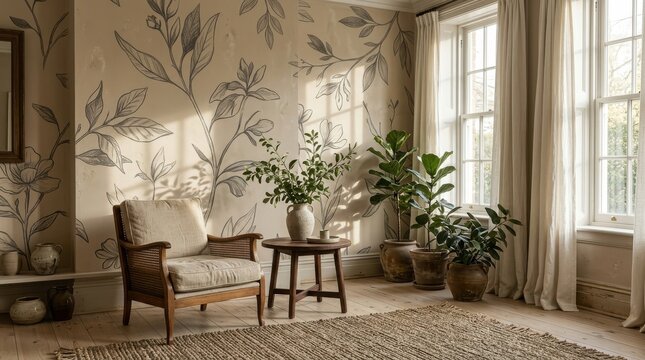 Minimalist living room interior with floral wallpaper and rattan chair for cozy home decor and relaxing lifestyle concepts.