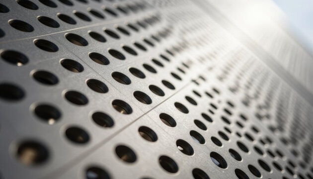 Perforated metal panel metal sheet circular hole industrial texture abstract pattern silver surface close up geometric design perspective view light reflection