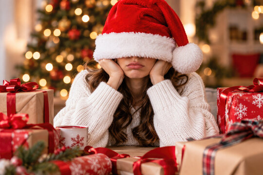 tired young woman in white sweater and Santa hat sits among holiday gifts, resting her head on her hands. A concept representing New Year and Christmas, related stress, disappointment, and problems.