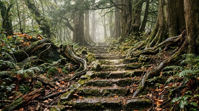 Mysterious mossy stone staircase leading through enchanted forest with ancient trees and green foliage.