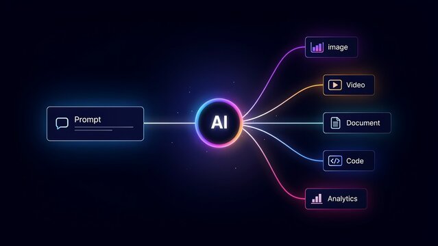 Artificial intelligence digital mind map featuring neon gradient central node connected to branching text input output icons for software automation data processing.