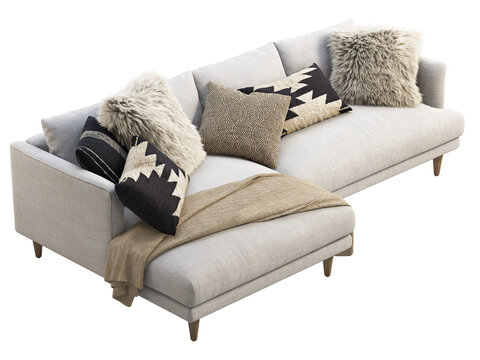 Light beige L-shaped sectional sofa with wooden legs, fluffy faux fur pillows, geometric accent cushions and a textured throw blanket. Isolated 3D render for interior visualisation.