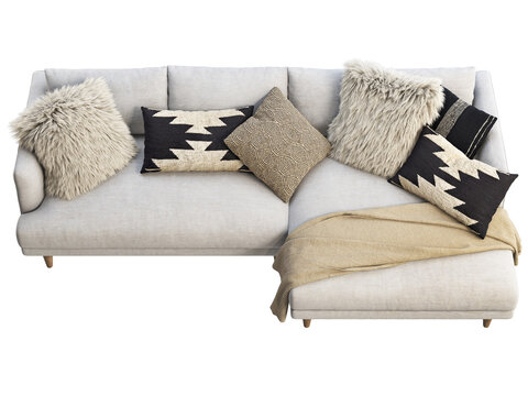 Light beige L-shaped sectional sofa with wooden legs, fluffy faux fur pillows, geometric accent cushions and a textured throw blanket. Isolated 3D render for interior visualisation.