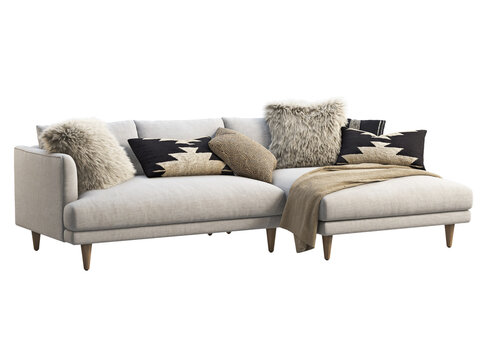 Light beige L-shaped sectional sofa with wooden legs, fluffy faux fur pillows, geometric accent cushions and a textured throw blanket. Isolated 3D render for interior visualisation.