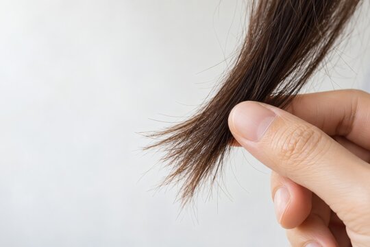 close up of dry split hair ends held between fingers