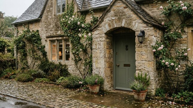 Stone cottage exterior with climbing roses and rustic pathway suitable for countryside living and tourism travel photography.
