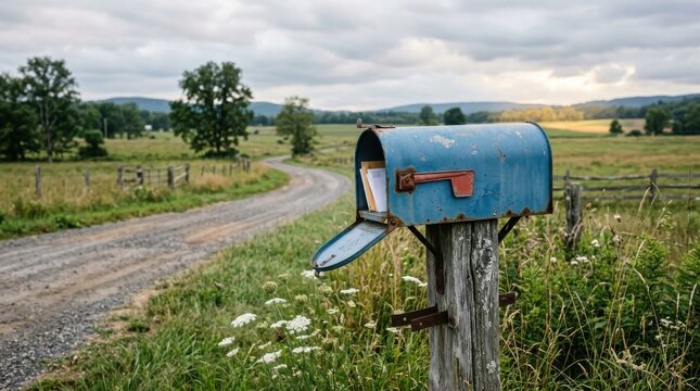 Rustic blue mailbox on wooden post along gravel road in countryside field during cloudy day.