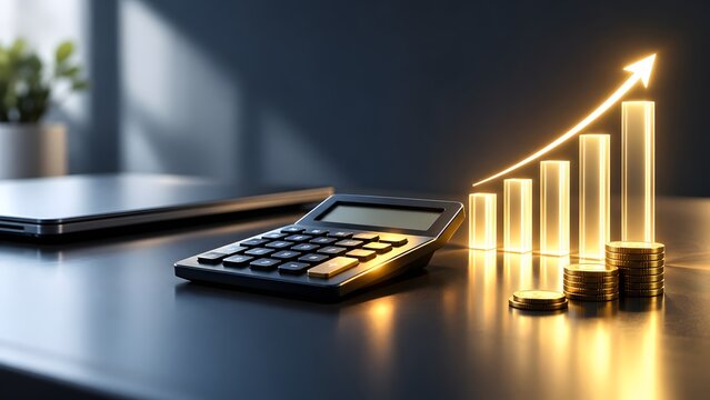 Sleek calculator and stacks of gold coins beside a glowing transparent bar chart indicating upward trend, representing corporate finance and wealth management.
