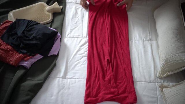 Close-up of a young woman&rsquo;s hands folding clothes neatly on her bed. Concept of home organization, laundry care, and everyday household routines.