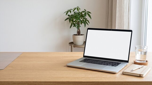 Video conferencing: Laptop with bright screen and webcam on tidy desk with notebook and glass of water, remote meeting concept