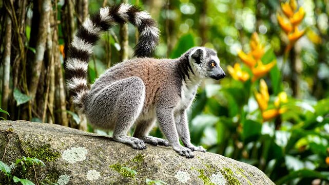 Ring-tailed lemur sitting on a rock in tropical forest