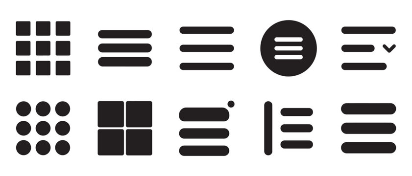 Black user interface menu icons for website navigation, mobile apps, dashboards, and digital design projects.