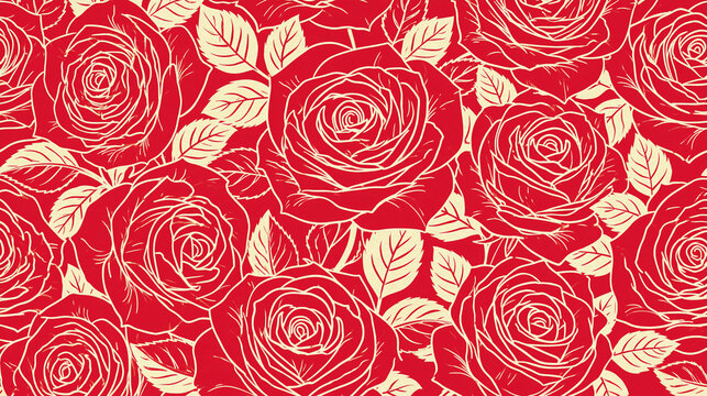 seamless pattern of red roses with metallic gold tones, floral wallpaper
