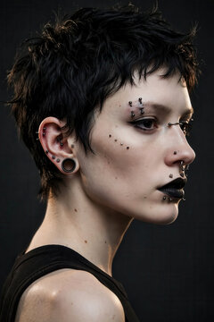 Extreme Facial Piercings and Black Titanium Jewelry on Alternative Woman