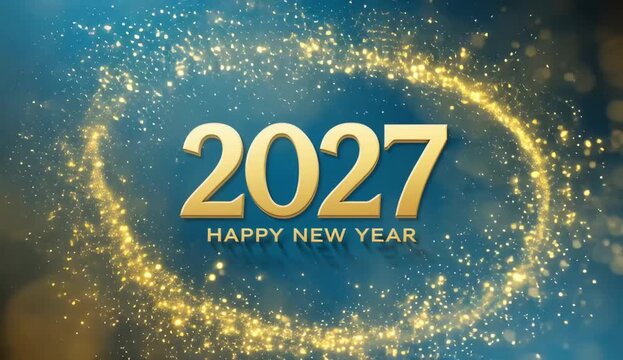 2027 happy new year text with gold shimmering light particles on a dark blue background with background swirling golden particles sparkling stars