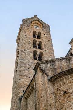 Romanesque Church of Saint-Martin d'Unac Apse and Bell Tower, Low Angle View, Unac, Pyrenees, France