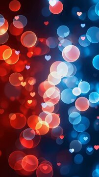Colorful bokeh heart lights abstract background in red and blue, vertical triptych panels with glowing circles and floating hearts.