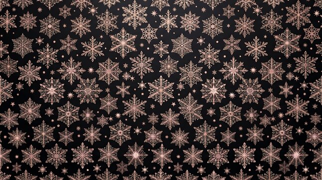 Rose gold snowflake pattern on dark grey background for festive winter decorations.