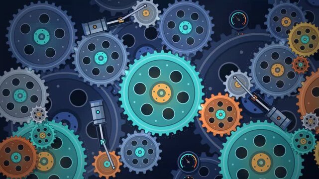 Abstract background illustration featuring interconnected mechanical gears and pistons in a technical design.
