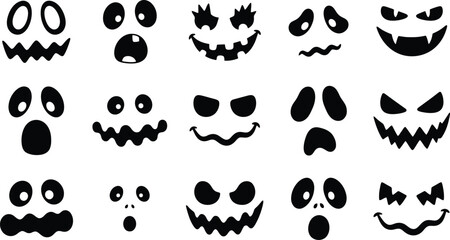Set of Halloween ghost faces, 15 spooky monster expressions vector, black hand-drawn pumpkin carving silhouettes, creepy cartoon character eyes and mouths. © Insa Batool
