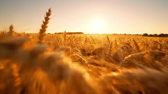 Wheat field ripples under low sun, golden ears leaning and brushing past camera path. Rural agriculture setting feels tranquil, with amber harvest tones filling horizon across waving cereal stalks.