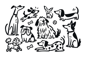 Plakat Dog Breeds Hand Drawn Doodle Set with Playful Cartoon Dogs, Puppies and Pet Accessories
