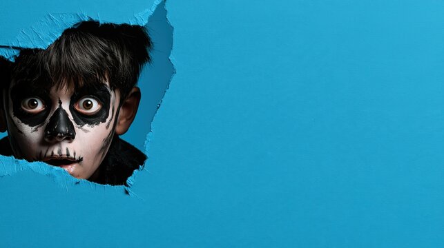 Child with skull face paint emerging through torn blue paper