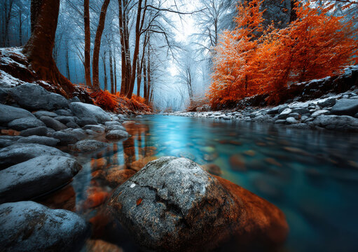 Autumn Waterfall Flowing Through a Colorful Rocky Forest