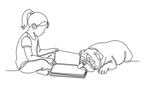 cute people and Lazy Bulldog funny creatures vector one line art editable new design 2026 Girl reading book to bulldog dog sitting on floor Vector, illustration