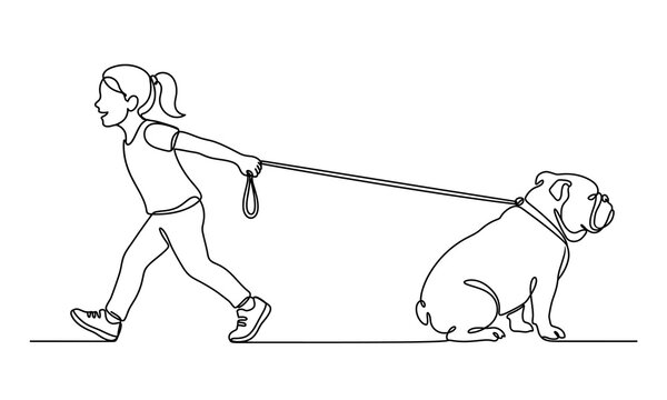 cute people and Lazy Bulldog funny creatures vector one line art editable new design 2026 Girl walking bulldog on a long leash illustration Vector, illustration