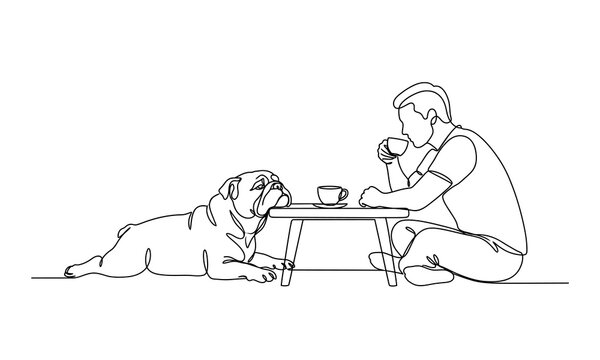 cute people and Lazy Bulldog funny creatures vector one line art editable new design 2026 Person drinking coffee while sitting next to a relaxed bulldog on a small table Vector, illustration