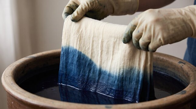 Hands lowering fabric into dye