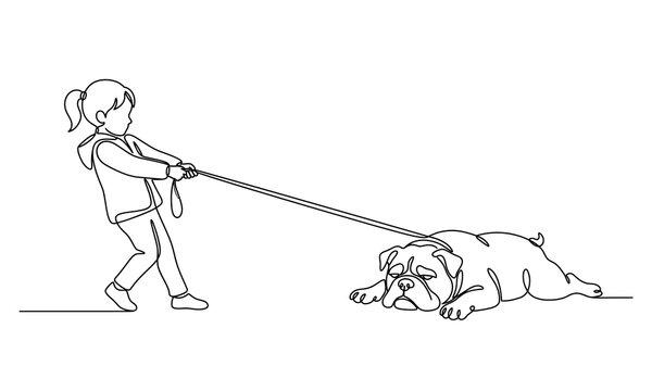 cute people and Lazy Bulldog funny creatures vector one line art editable new design 2026 Girl walking a bulldog on a leash in a relaxed pose Vector, illustration