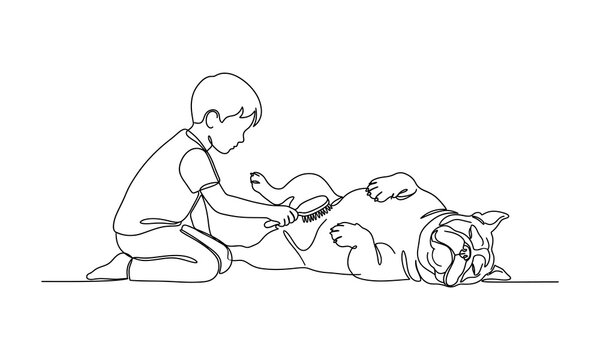 cute people and Lazy Bulldog funny creatures vector one line art editable new design 2026 Child brushing a dog with a brush on the floor Vector, illustration