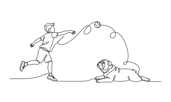 cute people and Lazy Bulldog funny creatures vector one line art editable new design 2026 Boy throwing multiple balls for bulldog to catch outdoors Vector, illustration