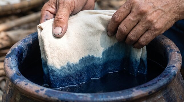 Hands lowering fabric into dye