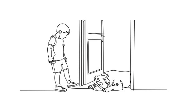 cute people and Lazy Bulldog funny creatures vector one line art editable new design 2026 Sad boy looking at a lying down bulldog near a door Vector, illustration