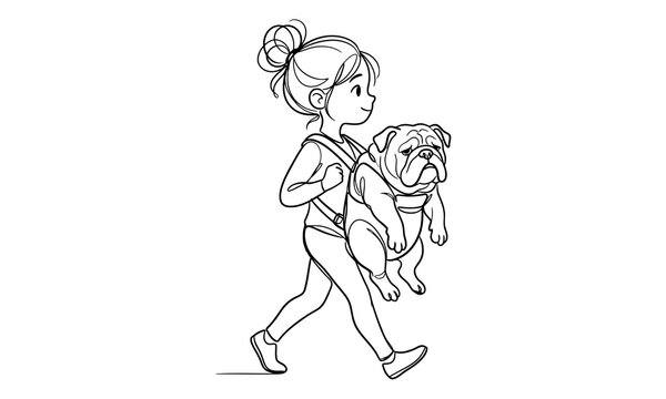 cute people and Lazy Bulldog funny creatures vector one line art editable new design 2026 Young girl carrying bulldog puppy in a sling while walking Vector, illustration