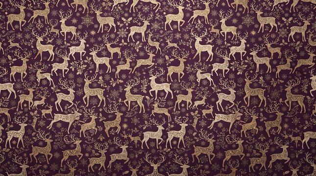 Vintage gold damask reindeer and winter motifs on purple background for wrapping.