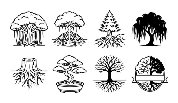 Minimalist tree icons set with roots, black line art nature symbols, 8 botanical vector elements for logo design and environmental branding