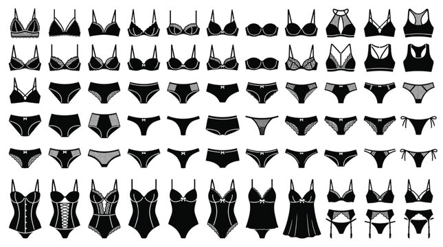 Black Silhouette Lingerie Icons Collection with Bras, Panties, Lace, Bikinis and Corsets, Women&rsquo;s Underwear Fashion Vector Set