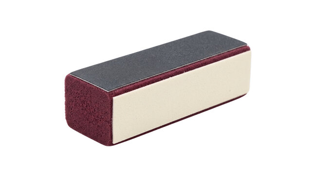 Professional multi sided nail buffer block featuring a dark abrasive surface and maroon foam for manicures isolated against white